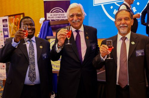 Founder of the Blue Company initiative Mr. Nizar Juma, Advisory Board member Dr Julius Kipngetich, and Diplomatic Representative of AKDN (Kenya) Dr Azim Lakhani, toasting to the launch of the initiative on Wednesday, 27th October 2021