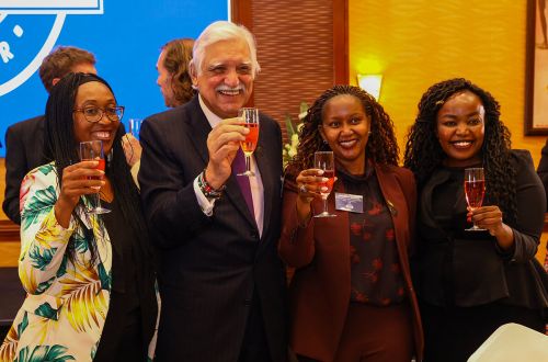 A toast to the launch by Ms. Charity Kagwe (UNODC), Mr Nizar Juma Founder of the Blue Company Project, Ms. Rosalind Gichuru - KCB Group and Jennifer Githu (UNODC)