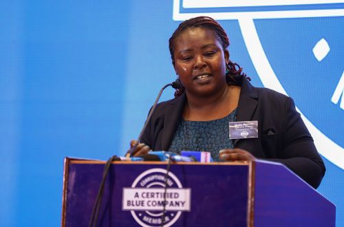 Transparency International-Kenya Executive Director, Ms Sheila Masinde speaking at the launch of the Blue Company Project.