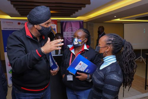 Toyota Kenya, Managing Director, Mr Arvinder Reel and Margaret Guandaru Risk and Compliance Manager and Blue Company Project, Sectretariat Coordinator Evelyn Kabetu